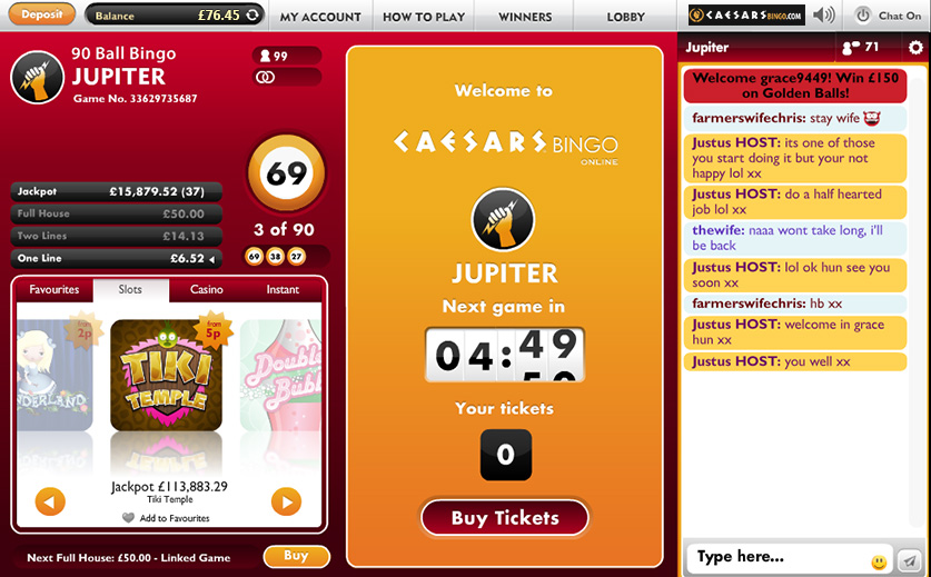 A Screenshot of Caesars Bingo 90-Ball ‘Jupiter’ Room, large view