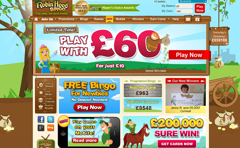 The home page of Robin Hood bingo, large view