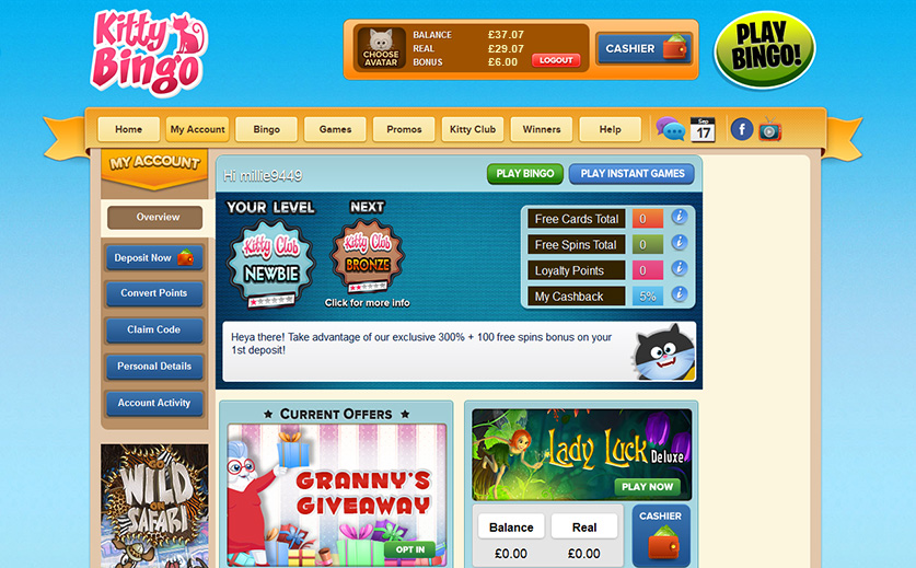 The landing page of Kitty bingo, large view