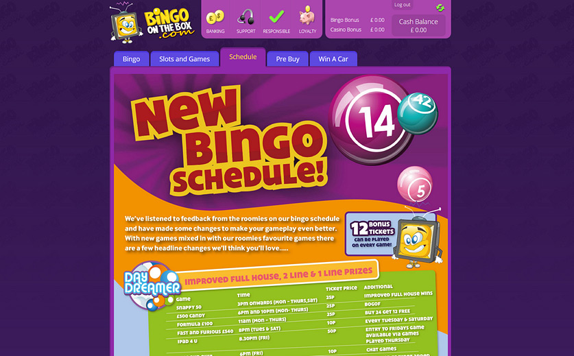Games Schedule at Bingo on the Box, large view