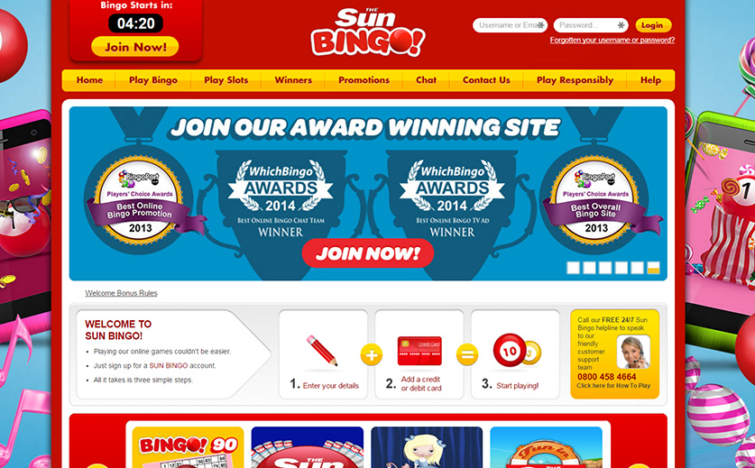 Home page of Sun Bingo, large view