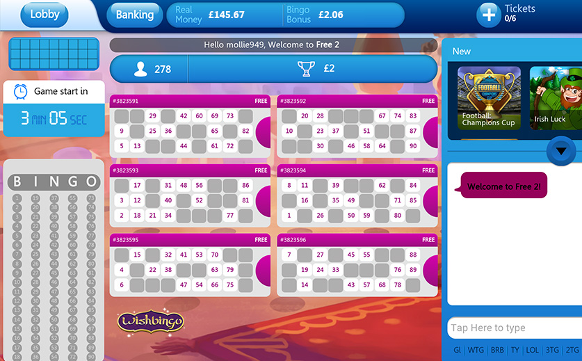 A Screenshot of Wish Bingo’s 90-Ball Room, large view