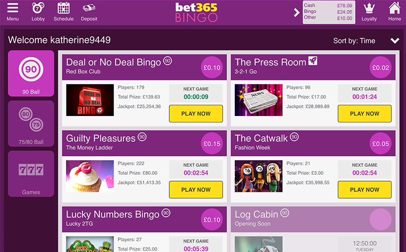 Bet365's Mobile Bingo Lobby-large view